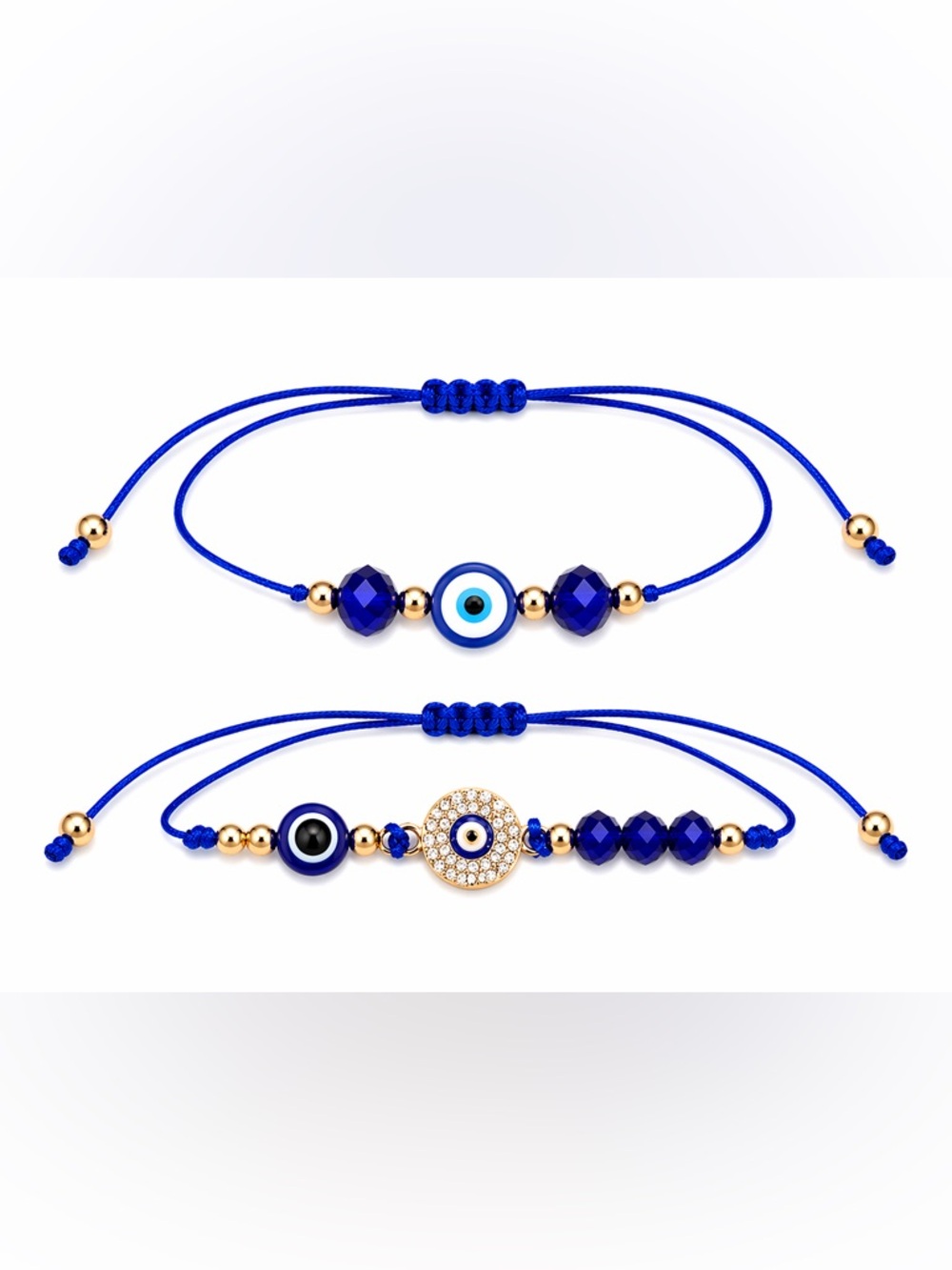 Cobalt Blue Evil Eye Adjustable Cord Bracelets Set Gold Tone Crystal Charm 2pcs